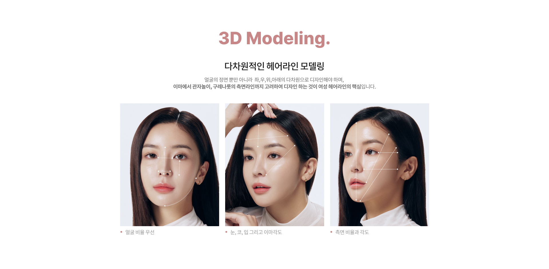 3D Modeling. '다차원적인 헤어라인 모델링' 얼굴의 정면 뿐만 아니라 좌, 우, 위, 아래의 다차원으로 디자인해야 하며, 이마에서 관자놀이, 구레나룻의 측면라인까지 고려하여 디자인 하는 것이 여성 헤어라인의 핵심 입니다. 예시) 얼굴 비율 우선 / 눈,코,입 그리고 이마각도 / 측면 비율과 각도